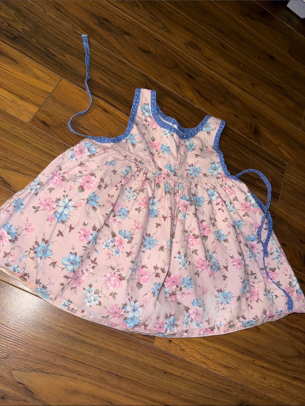 18-24m vintage 80s homemade girls Pink Floral Sundress with Blue Trim